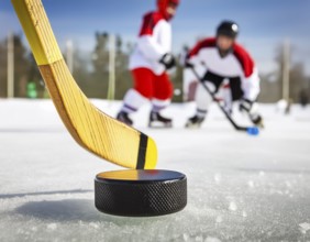 AI generated image showing a puck, stick and players on ice surface on a playing field