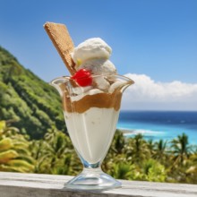 Ice cream sundae with wafer in sunny tropical beach ambiance, AI generated image