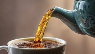 AI-generated close-up image showing a teapot from which tea is poured into a cup, AI generated