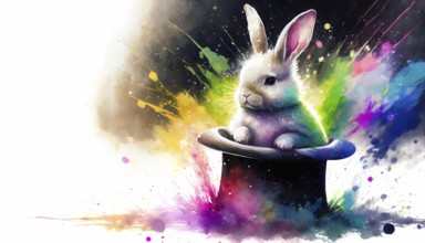 Magic theme showing a bunny in a top hat in multicolored vibrant splashy ambiance. AI generated