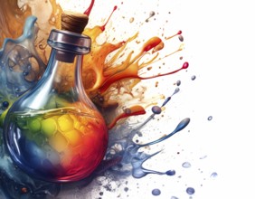 Medical, strength and power theme showing flask with elixir a in multicolored vibrant splashy