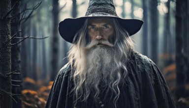 AI generated image showing the portrait of an old magician in forest ambiance