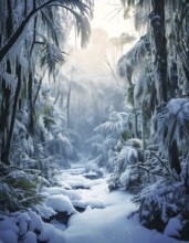 AI generated image showing a surreal snowbound tropical jungle scenery in foggy ambiance