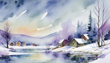 AI generated image showing a snowbound winter landscape including a small village at a lake,