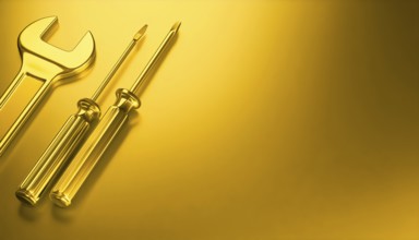 AI generated image showing a golden wrench and screwdrivers in golden ambiance