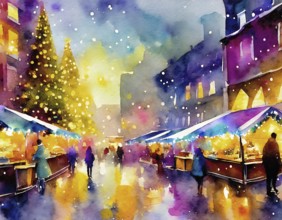 AI generated image showing a bright colorful illuminated christmas market in a city, watercolor