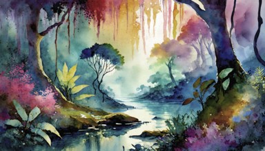AI generated image showing a dense jungle scenery including a small river, watercolor style with