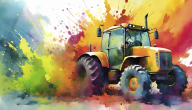 Agricultural theme showing a tractor in multicolored vibrant splashy ambiance. AI generated image