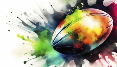 Football theme showing a football in multicolored vibrant splashy ambiance. AI generated image with