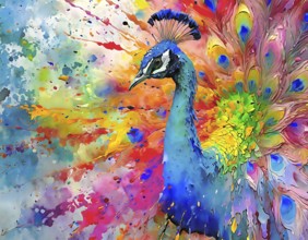 Animal and colors theme showing a peacock displaying his train in multicolored vibrant splashy