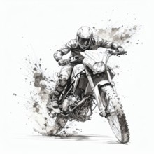 AI generated sketch of a motorcyclist in racing ambiance, with splashes, splatter and spots