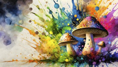 Recreational drugs theme showing some magic mushrooms in multicolored vibrant splashy ambiance. AI