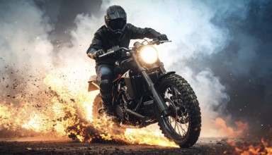 Ai generated image showing a driving motorcyclist surrounded by fire and smoke