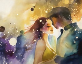 AI generated image showing a intimate couple, watercolor style with splashes and spots