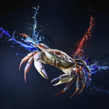 Animal and seafood theme showing a crab in vibrant splashy ambiance. AI generated image with lots