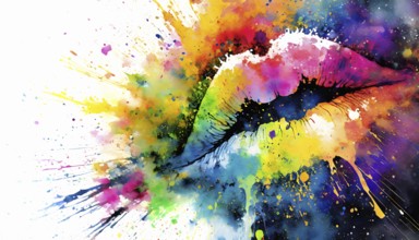Sensual theme showing a human mouth in multicolored vibrant splashy ambiance. AI generated image