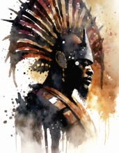 AI generated image showing the portrait of an african warrior with exotic headdress, watercolor
