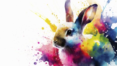 Pet and animal theme showing a rabbit in multicolored vibrant splashy ambiance. AI generated image