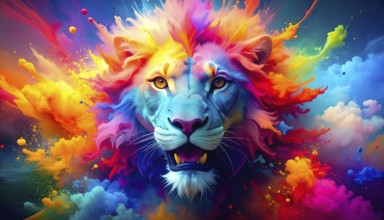 Lion portrait in flashy colorful ambiance. AI illustration with light effects and liquid splashes,