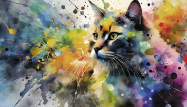 Pet theme showing the portrait of a cat in multicolored vibrant splashy ambiance. AI generated