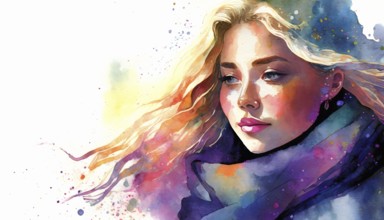 AI generated image showing the portrait of a young woman in colorful ambiance, watercolor style