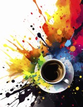 Consumption theme showing a cup of coffee in multicolored vibrant splashy ambiance. AI generated