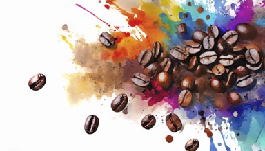 Consumption theme showing coffee beans in multicolored vibrant splashy ambiance. AI generated image