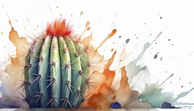 Cactus and succulent plant theme showing a cactus in multicolored vibrant splashy ambiance. AI