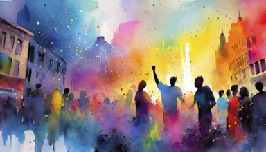 AI generated image showing a colorful illuminated downtown party, watercolor style with splashes