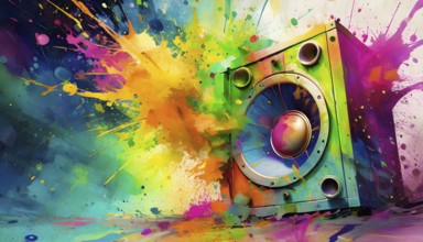 Music and sound theme showing a loudspeaker in multicolored vibrant splashy ambiance. AI generated