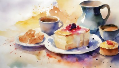 AI generated image showing coffee and some cakes, watercolor style with splashes and spots