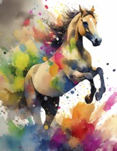 Animal and riding theme showing a horse in multicolored vibrant splashy ambiance. AI generated