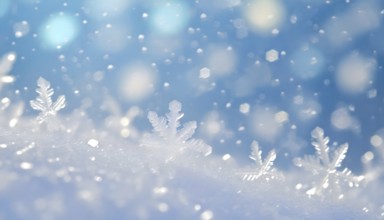 AI generated closeup image showing snow crystals in sunny ambiance