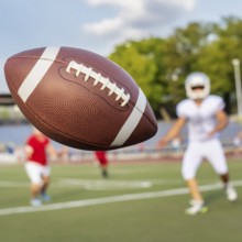 AI generated image showing a rugby scenery with ball closeup on a playing field with players