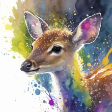 Animal and wildlife theme showing a roe deer in multicolored vibrant splashy ambiance. AI generated