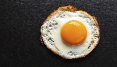 AI generated image showing a fried egg sunny side up on dark ground seen from above
