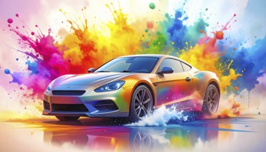 Flashy racing car in multicolored vibrant splashy ambiance. AI generated image with lots of