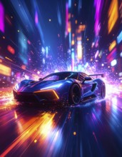 Flashy racing car in multicolored vibrant splashy ambiance. AI generated image with lots of
