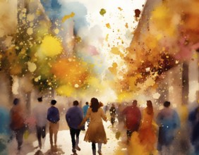 AI generated lifestyle theme showing a street scenery with lots of people at autumn time in