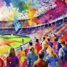 Event theme showing a stadium with lots of spectators in multicolored vibrant splashy ambiance. AI