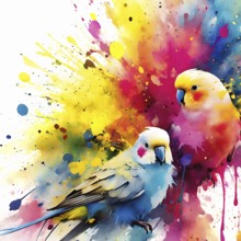 Animal, pet and wildlife theme showing some parakeets in multicolored vibrant splashy ambiance. AI