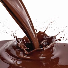AI generated image showing liquid flowing chocolate in white back