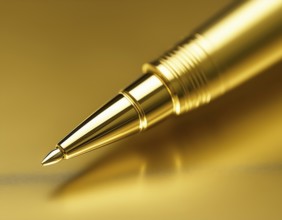 AI generated image showing a golden ballpoint pen closeup in golden ambiance
