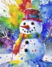 Seasonal and winter theme showing a snowman in multicolored vibrant splashy ambiance. AI generated