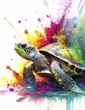 Animal and wildlife theme showing a sea turtle in multicolored vibrant splashy ambiance. AI