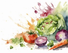 AI generated image showing some raw fruit and vegetables in light back, watercolor style with