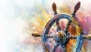 Navigation theme showing a steering wheel in multicolored vibrant splashy ambiance. AI generated