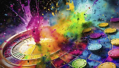 Gambling theme showing a roulette wheel and jetons in multicolored vibrant splashy ambiance. AI