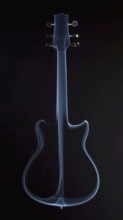 AI generated image showing a symbolic smoke-shaped guitar in dark ambiance