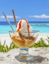 Ice cream sundae with fresh fruits in sunny tropical beach ambiance, AI generated image